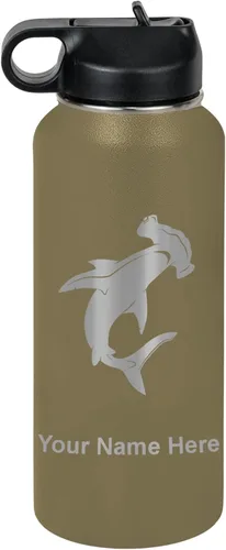 Vista 21 de LaserGram Botella de agua personalizada, tiburón martillo, acero inoxidable de doble pared aislada al vacío con popote superior, regalo grabado