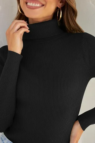 Vista 4 de ZESICA Camisas de manga larga con cuello alto para mujer, camisetas básicas de primavera, suéter de punto acanalado ajustado