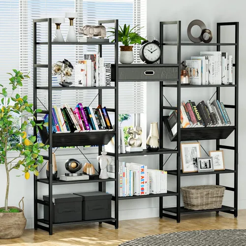 Vista 2 de NUMENN Estantería Triple Ancha de 5 Niveles, Estantes de Libros Ajustables de Estilo Industrial Rústico, Librerías y Estanterías Modernas Muebles
