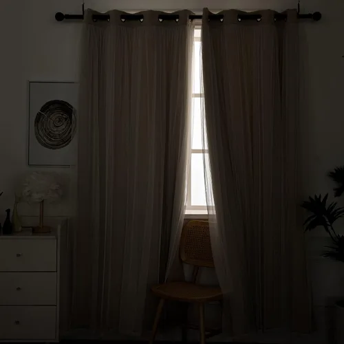 Vista 2 de INLINAS Cortinas opacas beige con superposición transparente, paneles térmicos y de reducción de ruido con ojales en la parte superior