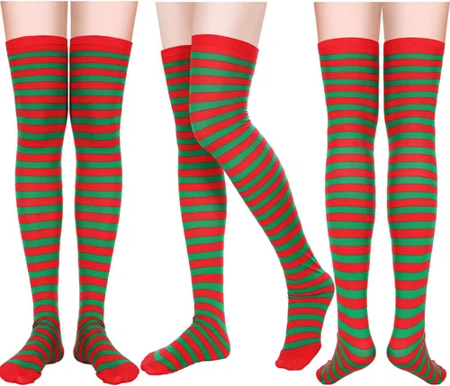 Vista 4 de 4 pares de calcetines largos hasta el muslo de Navidad por encima de la rodilla, calcetines de Navidad, Halloween, cosplay, fiesta de disfraces