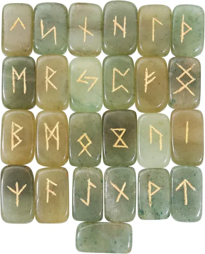 Vista 14 de Crocon Runas de piedras preciosas con forma rectangular de piedra solar con alfabeto de Futhark de élder grabado, juego de 25 runas de cristal