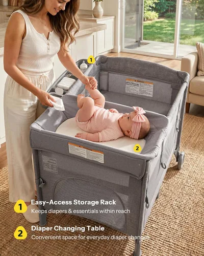 Vista 6 de HARPPA 6 en 1 Pack and Play con moisés de noche, corral plegable Gris