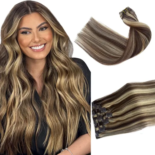 Vista 31 de Extensiones de cabello con clip Ubetta de cabello humano real, extensiones de cabello negro azabache con clip, 7 piezas, 70 g, extensiones