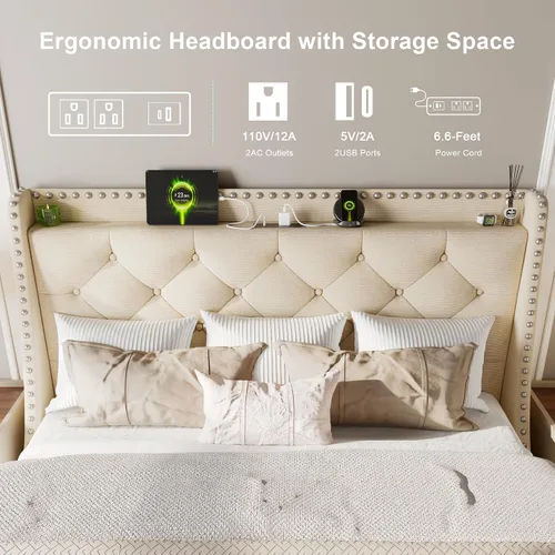 Vista 3 de Feonase - Base de cama tamaño completo con respaldo de alas de lujo y estación de carga rápida, base de cama tapizada con botones y cabecera