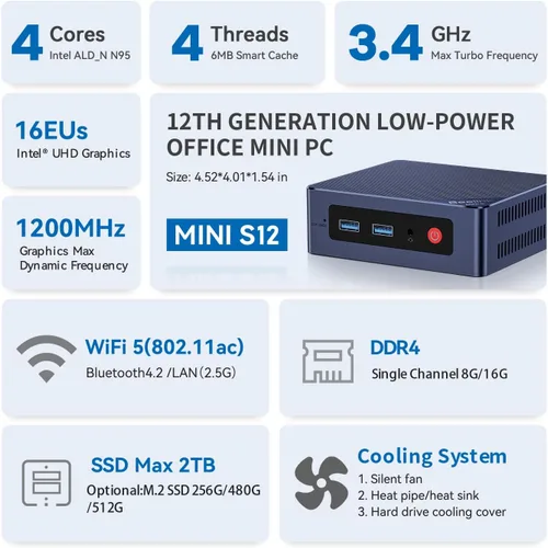 Vista 3 de Beelink MINI S12 Mini PC con procesador N95 (4C/4T), 8G DDR4/256G SSD 4K UHD, puertos Dual HDMI, WiFi5, BT4.2, LAN 2.5G, microcomputadora