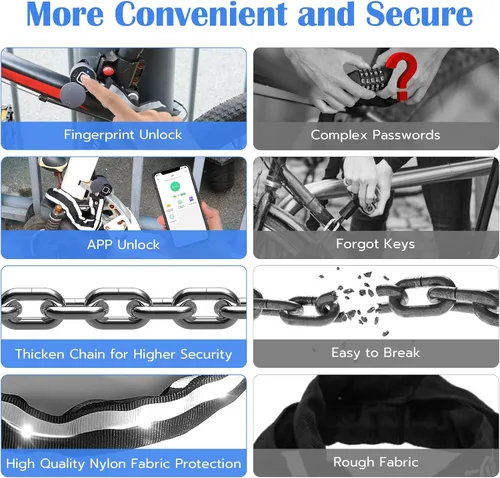 Vista 2 de Eseesmart Cerradura de cadena para bicicleta, cerraduras de bicicleta de huellas dactilares, antirrobo, cerraduras de seguridad de 3.28 pies