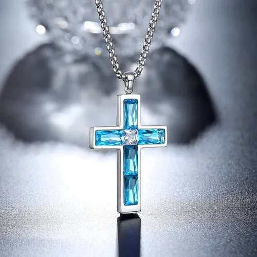 Vista 2 de Collar de cruz para hombre, piedras preciosas de color piedra natal de circonita cúbica, collar de acero inoxidable para hombre, cadena de 24