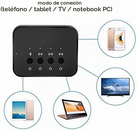 Vista 3 de Receptor transmisor Bluetooth, adaptador de audio de 0.138 in, 1 entrada y 3 salidas, uso compartido estéreo, dispositivo de audio inalámbrico