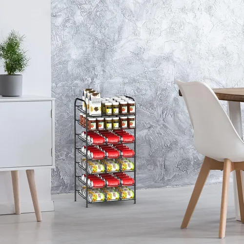 Vista 6 de DOMYDEVM Organizador de latas, organizador de almacenamiento de latas de 7 niveles, soporte negro para bebidas con capacidad para 84 latas