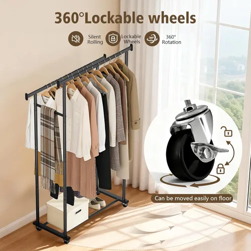 Vista 3 de Perchero de ropa con ruedas para colgar ropa, perchero resistente para ropa portátil, estante de metal para dormitorio, lavandería, sala de estar