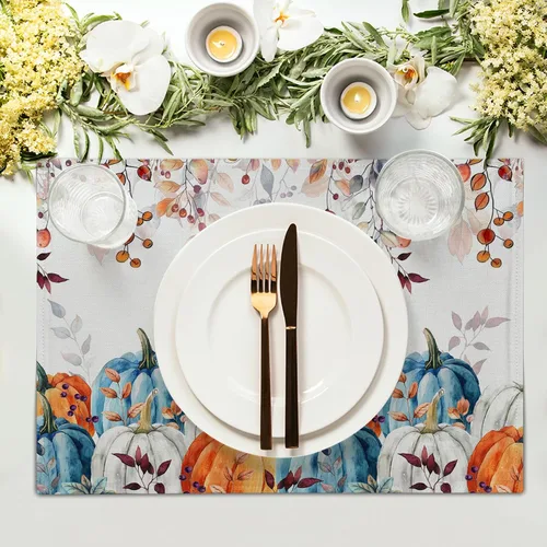 Vista 3 de Juego de 4 manteles individuales de otoño para mesa de comedor, hojas de calabazas de otoño, cosecha de Acción de Gracias, tela lavable