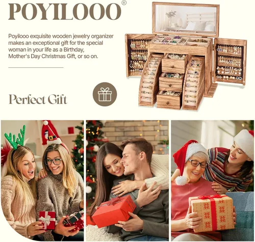 Vista 7 de Joyero organizador, cajas de joyería de madera maciza para mujeres con espejo, caja organizadora de joyas grande para exhibir aretes, collar