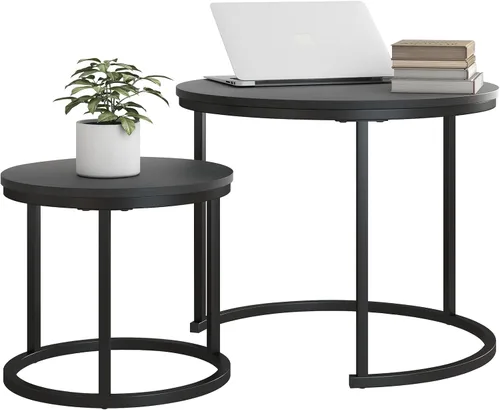 Vista 12 de HOJINLINERO Juego de mesa de café redonda industrial conjunto de 2 mesas auxiliares para sala de estar, mesas laterales apilables, resistentes