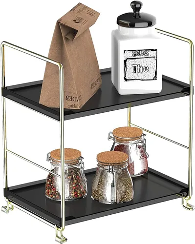Vista 3 de Estante de especias de cocina de 2 niveles, estante organizador apilable independiente, organizador de baño y cosméticos, estante cuadrado de pie