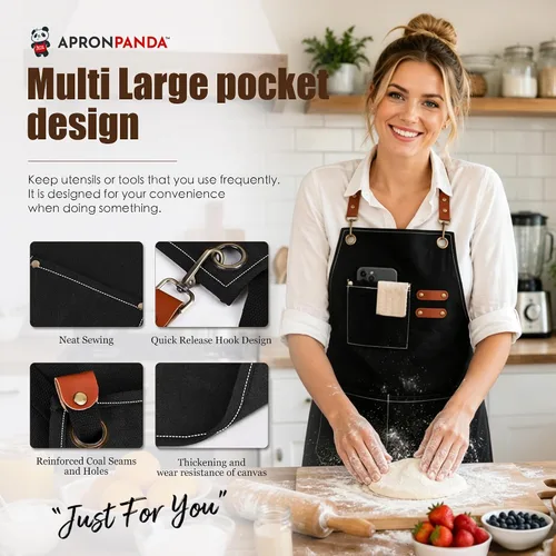 Vista 4 de Cross-Back Chef Aprons for Men and Women, Water Repellent Cotton Canvas Adjustable Work Apron with Pockets Negro
