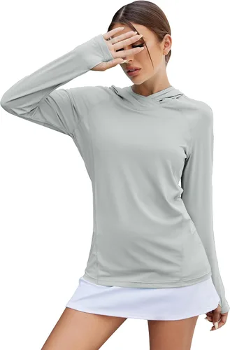 Vista 14 de LUYAA - Sudaderas con capucha para mujer, protección solar UPF 50+, transpirables, elásticas, para senderismo, manga larga, para correr Beige