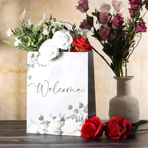 Vista 6 de Chinco 36 bolsas blancas de regalo de bienvenida con asas, 11 x 9 x 4.7 pulgadas, bolsas de papel a granel para invitados de boda, cumpleaños, baby