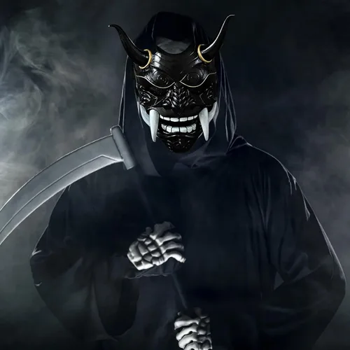 Vista 3 de HTLNUZD Máscara completa de látex de Halloween, máscara de cosplay japonesa para PrajnaHeadgear Samurai Evil KabukiHannya Party Mask Decora Negro
