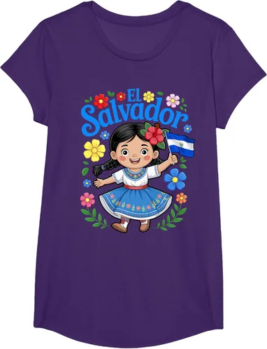 Vista 13 de Camiseta de estilo tradicional floral para niña con la bandera de El Salvador