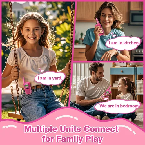 Vista 4 de Walkie Talkies para niños BATURU, paquete de 2 unidades en color rosa, regalo para niñas de 4 a 8 años, de largo alcance, juguetes fáciles de usar