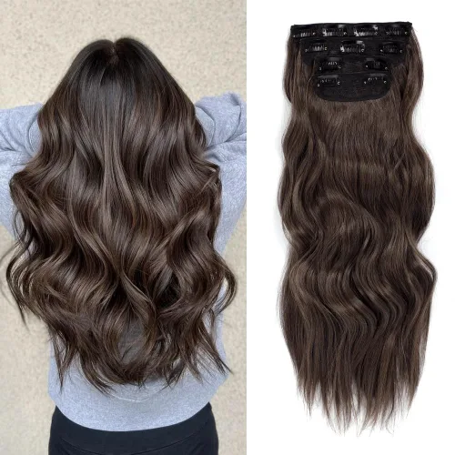 Vista 16 de Extensiones de cabello ondulado largo con clip, 4 piezas de extensiones de cabello sintético grueso con clip, para mujer (#4)