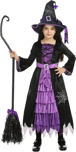 Vista 3 de SKCAIHT Disfraz de bruja para niñas con sombrero disfraz de bruja de Halloween para niñas pequeñas