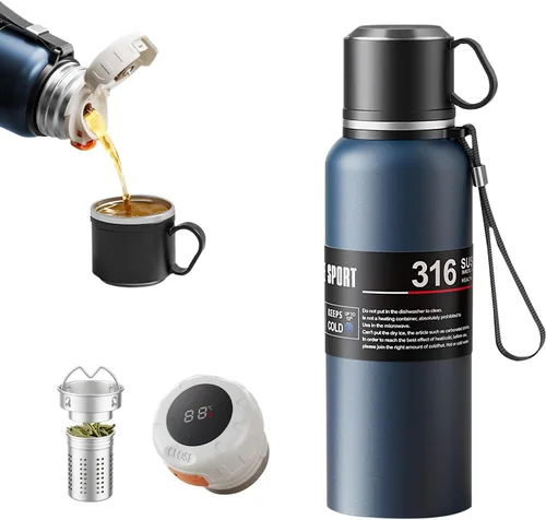 Vista 11 de Botella de agua aislada de boca ancha de acero inoxidable a prueba de fugas al vacío de doble pared, vaso de té con infusor, taza, tapa; termos