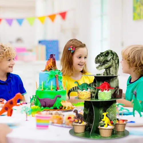 Vista 6 de Censen Soporte para cupcakes de dinosaurio de 3 niveles, decoración de fiesta, 24 piezas, figuras de dinosaurio, juguetes para cupcakes, torre