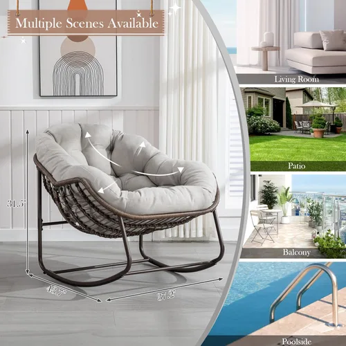 Vista 7 de Mecedora para patio al aire libre, silla mecedora de huevos de ratán para interiores, cómoda silla Papasan de gran tamaño con cojín más grueso