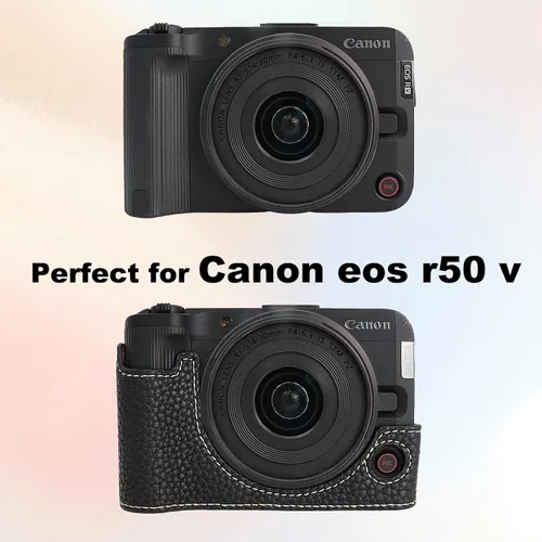Vista 2 de VOVMOEYA Funda para cámara Canon EOS R50 V, medias fundas de piel sintética con correa para el hombro, ajuste preciso, compatible con trípode