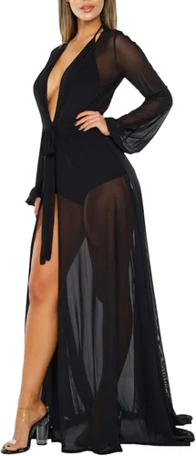 Vista 2 de Pink Queen - Vestido largo de manga larga tipo pareo para usar sobre el traje de baño o bikini suelto con vuelo con cinta para amarrarlo por delante