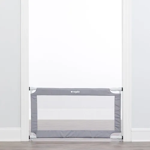 Vista 6 de Regalo Puerta de malla extensible gris extra ancha de 50 pulgadas, montada a presión, incluye parachoques de goma para proteger las paredes, gris