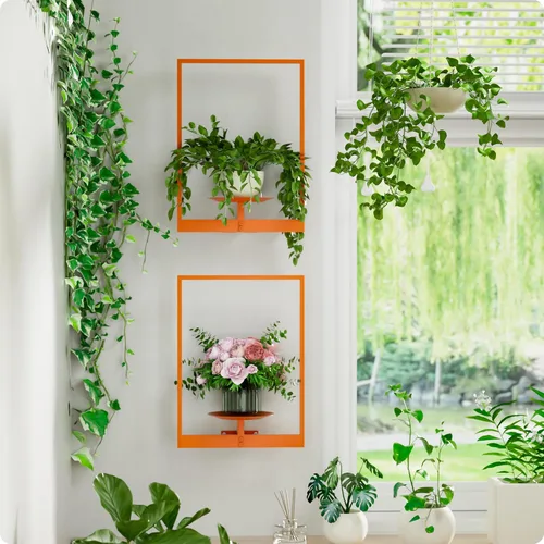 Vista 13 de Soporte para plantas de pared de metal negro, paquete de 2 soportes para plantas montados en la pared y soportes colgantes para macetas