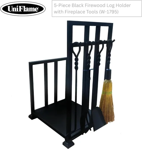 Vista 2 de UniFlame Soporte para troncos de leña negro de 5 piezas con herramientas de chimenea (mangos de anillo/giro)