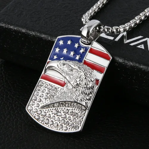 Vista 3 de HZMAN Collar patriótico de águila estadounidense de acero inoxidable para hombres y mujeres, con circonita cúbica, bandera americana, colgante