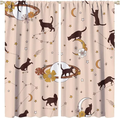 Vista 32 de Cortinas de estilo de mediados de siglo, diseño geométrico abstracto moderno, diseño retro, estampado de gato negro, para dormitorio, sala de estar