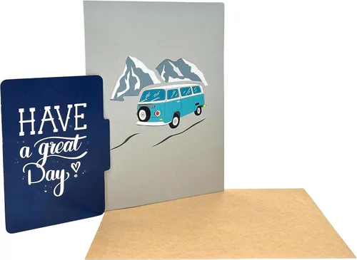 Vista 6 de Tarjeta de felicitación Pop Up Camper Van – Aventura al aire libre, amante de la naturaleza, día del padre, regalo para papá, viaje por carretera