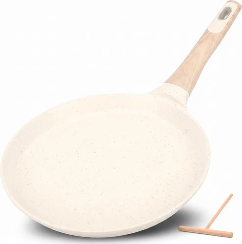 Vista 12 de NutriChef - Sartén para crepes de 24 cm (9.45 pulgadas) antiadherente con esparcidora de madera, sartén Dosa de mármol recubierto duradero, mango