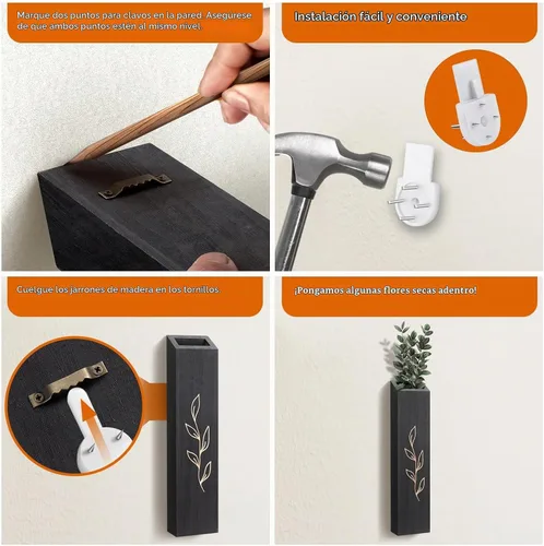 Vista 5 de Juego de 4 macetas de madera para pared Decoración de pared bohemia con acabado negro para entrada, pasillo, baño, sala de estar, comedor