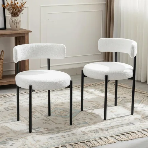 Vista 13 de Juego de 2 sillas de comedor Boucle, sillas de comedor beige con asiento tapizado y respaldo redondo, sillas de cocina modernas de mediados de siglo