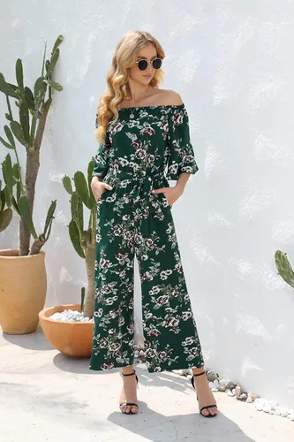 Vista 2 de Love Welove Fashion - Overol para mujer, diseño floral, hombros descubiertos, con volantes, manga corta, cintura alta, pantalones de pierna ancha