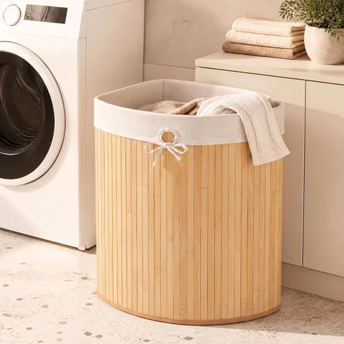 Vista 8 de GOFLAME Cesta esquinera de bambú para la ropa sucia con tapa y forro extraíble, cesta de almacenamiento con asa, adecuada para dormitorio, baño