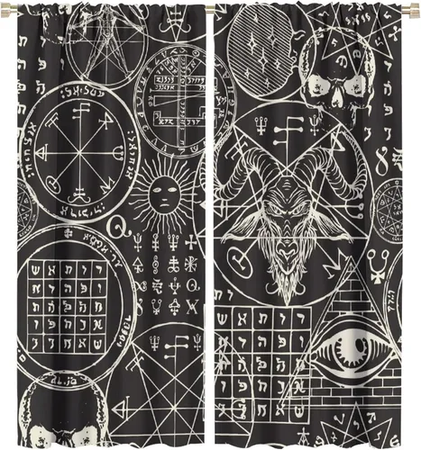 Vista 55 de BAEKJIN Cortinas de cabeza de cabra, diseño de calavera malvada, bruja, símbolo misterioso, bolsillo para barra, cortinas opacas para ventana, juego