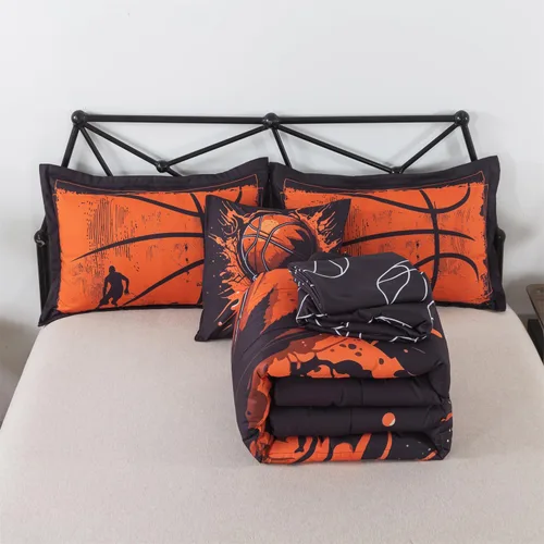 Vista 7 de Juego de edredón de 6 piezas con diseño de baloncesto, ropa de cama negra tamaño individual para niños, adolescentes y adultos, con pelotas