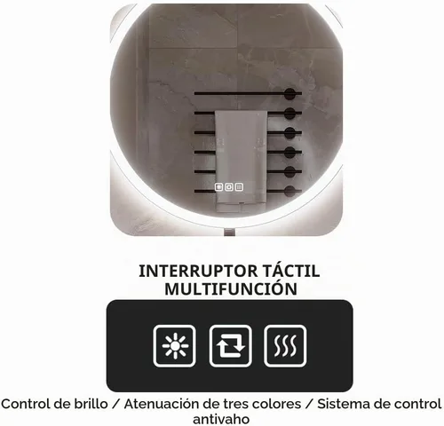 Vista 5 de Espejo LED redondo de 20 pulgadas, espejo samrt para baño, espejo de pared con luz, antiempañamiento, 3 colores regulables, frontal