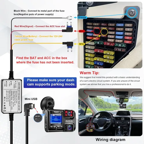 Vista 5 de Kit de cableado para cámara de salpicadero, 13.1 ft/13.12 pies, 12 V-24 V a 5 V 2.5 A, cargador de cámara de tablero de automóvil, cable