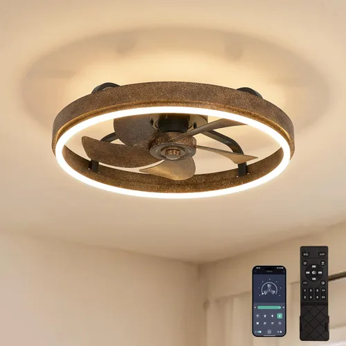 Vista 10 de Farmhouse Fandelier Retro Ceiling Fan with Light, 20" Rustic Brown Dimmable LED Chandelier Ceiling Fans, Low Profile Smart Bladeless Ceiling Fan