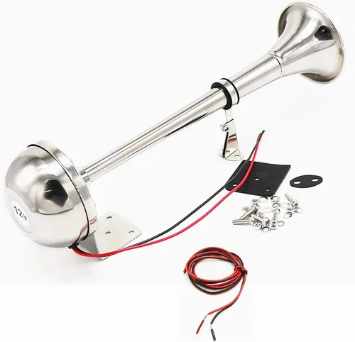 Vista 2 de cuerno eléctrico del coche 12V 165DB de un solo tubo 304 cuerno de acero inoxidable corneta bocina de barco eléctrico marino solo trompeta altavoz