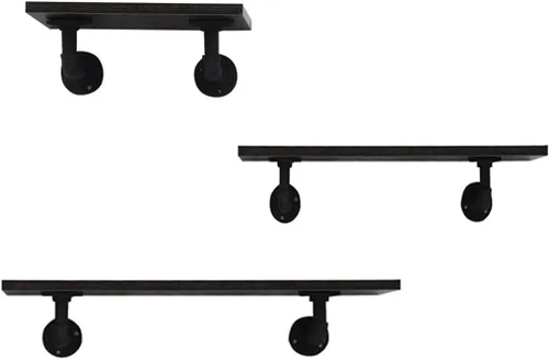 Vista 11 de Juego de 3 estantes flotantes para montar en la pared, estantes industriales para decoración de pared, color negro, estante de pared de madera